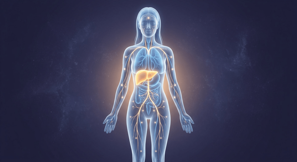 Female body with nervous system and highlighted liver