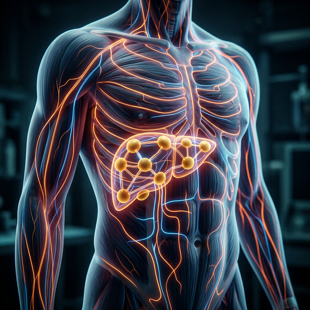 Human circulatory system with highlighted liver and connected nodes